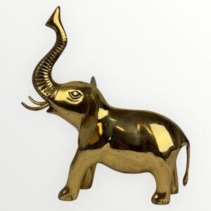 Vintage Brass Lucky Elephant MCM Figurine Decor 12" Tall Sculptural Statue